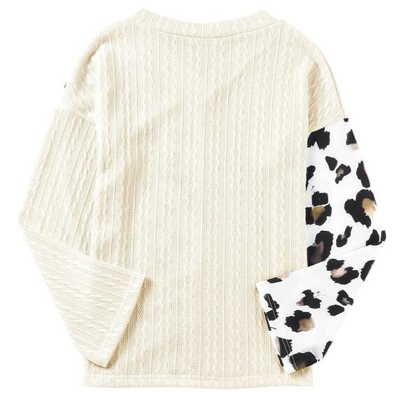Beige Asymmetric Leopard Patchwork Wide Sleeve V Neck Sweater New  S, M - Picture 7 of 12